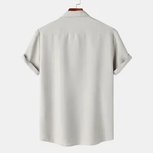 Back view of a light gray men's short sleeve casual shirt with fine textured waffle weave.