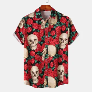 Detailed view of Halloween men's short sleeve shirt with skull and red rose gothic print