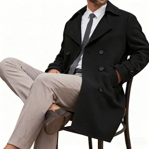 Detailed view of stylish men's black wool double-breasted pea coat with padded lining