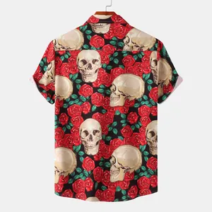 Detailed back view of men's casual short sleeve shirt featuring a skull and red rose print.