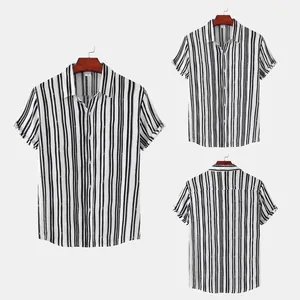 Front and back detail of men's casual short sleeve shirt with black vertical stripes