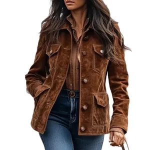 Stylish brown suede short jacket for women with lapel collar and multiple pockets