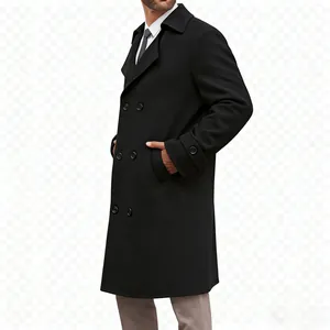 Detail view of men's double-breasted black wool overcoat with thick quilted lining.