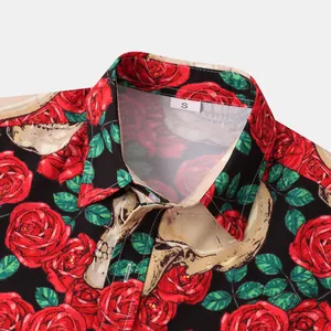 Close-up view of Halloween shirt collar with red rose and skull print
