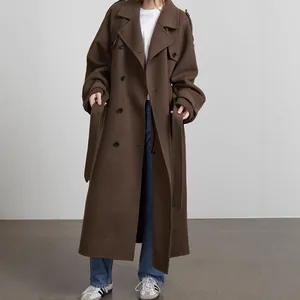 Elegant long brown wool coat for women with classic lapels and double-breasted design
