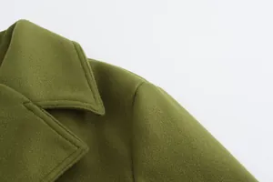 Dettaglio ravvicinato del colletto di un cappotto di lana verde oliva da uomo