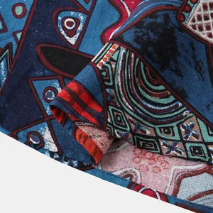 Detailed close-up of ethnic geometric print on breathable linen-blend men shirt fabric