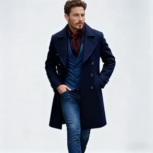 Full view of men's navy wool overcoat with lapel collar and double-breasted buttons