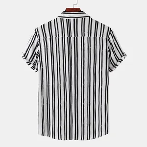 Back view of men's casual short-sleeved shirt with black and white vertical stripes
