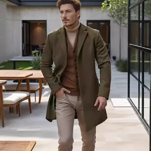 Detailed view of a premium men's olive green wool overcoat in an outdoor setting.