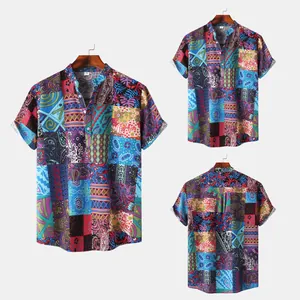 Men's short sleeve shirt with colorful patchwork print showing front and back views