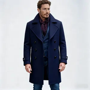 Close-up high-quality detail of a navy blue men's double-breasted wool overcoat