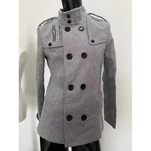 Detailed view of grey men's wool blend coat featuring double-breasted buttons and stand collar