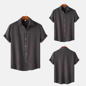 Front and back views of a dark grey men's short sleeve solid color button-down shirt