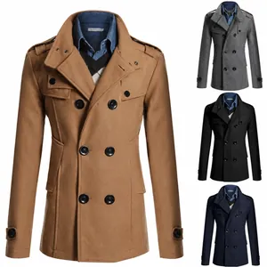 Men's Mid-Length Wool Pea Coat Double Breasted Stand Collar British Style Overcoat Winter Warm Slim Fit Trench Coat With Shoulder Epaulets