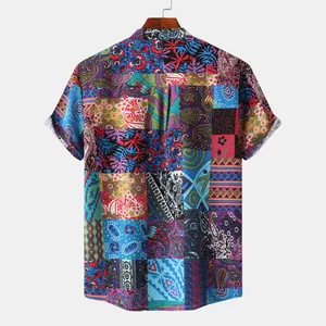 Rear view of a men's short-sleeve casual shirt with vibrant Hawaiian patchwork print.