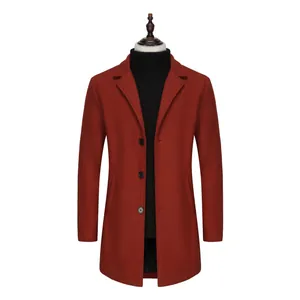 Classic men's rust red mid-length wool blend overcoat displayed on professional mannequin