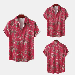 Red men's short sleeve floral beach shirt with botanical print, front and back views