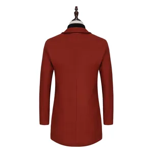 Back view detail of a thick rust red men's wool overcoat displayed on a mannequin