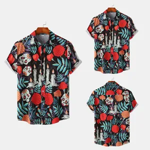 Multi-angle details of Halloween men's casual short-sleeve shirt with vivid skull print