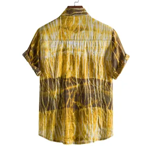 Back view of yellow tie-dye men's short-sleeved casual shirt on white background
