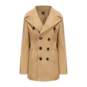 Classic camel men's double-breasted wool pea coat with notched lapels and pockets