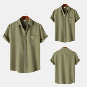 Front and back views of a men's olive green textured short sleeve button-down shirt