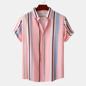 Chemise décontractée élégante pour homme à manches courtes avec rayures verticales roses et bleues