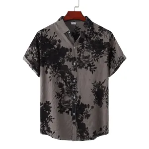 Detailed view of men's short sleeve floral shirt with casual lapel in gray texture