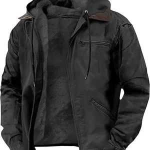 Heren vintage zwart jack met capuchon, warme fleecevoering en functionele ritszakken