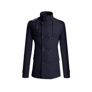 Men's navy blue mid-length wool trench coat with double-breasted stand collar