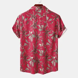 Back view of men's floral short-sleeve beach shirt in tropical leaf print