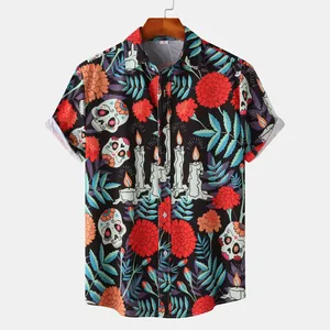 Detailed view of Halloween themed men's casual short sleeve shirt featuring skull and flower prints