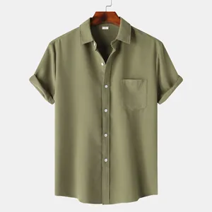 Detailed front view of men's olive green waffle knit short sleeve casual shirt