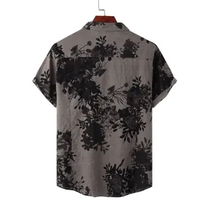 Back view of a stylish grey men's floral print short sleeve casual button down shirt