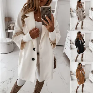 Manteau en laine mi-long élégant pour femme avec revers larges et boutons en quatre coloris