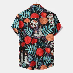 Detailed back view of casual shirt showing vibrant Halloween skull and marigold floral pattern