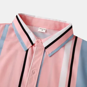 Vue détaillée du col de chemise rayée pour homme avec motifs verticaux rose et bleu