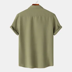 Back view of a minimalist men's casual short-sleeve green shirt featuring waffle texture fabric