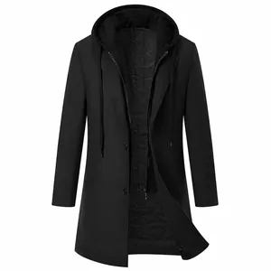 Men Mid-Length Woolen Coat Thickened Padded Hooded Slim Fit Overcoat Casual Windbreaker Jacket For Winter Warm Outerwear