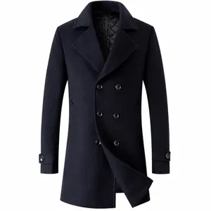 Men Fashion British Style Woolen Overcoat Autumn Winter Thick Padded Long Jacket Slim Fit Double Breasted Lapel Outwear Top