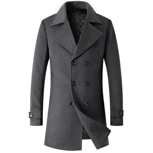Men's thick quilted wool coat with classic lapel in charcoal grey winter outerwear