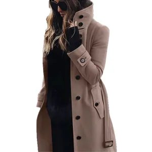 Elegant slim-fit camel wool blend coat for women featuring a stylish high collar
