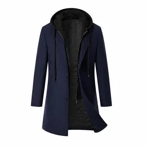 Men's navy blue hooded wool coat featuring a warm quilted lining and slim fit design