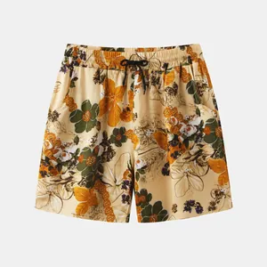 Stylish men's floral beach shorts with elastic waistband and adjustable black drawstring