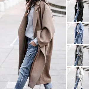 Dames Lange Wollen Mix Jas Oversized Grote Maat Effen Kleur Revers Eén Knoop Casual Herfst Winter Warme Bovenkleding Top