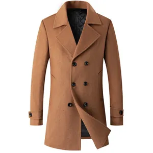 Classic camel men's double-breasted wool coat with warm quilted lining and lapel.