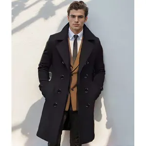 Cappotto lungo in lana doppiopetto da uomo slim fit nero per uno stile business casual