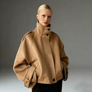 Professional detail shot of a camel wool jacket with stand collar and single-breasted design