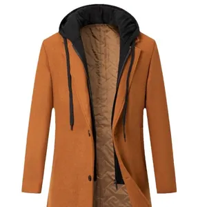 Men's mid-length ginger woolen coat with a black contrast hood and quilted lining.